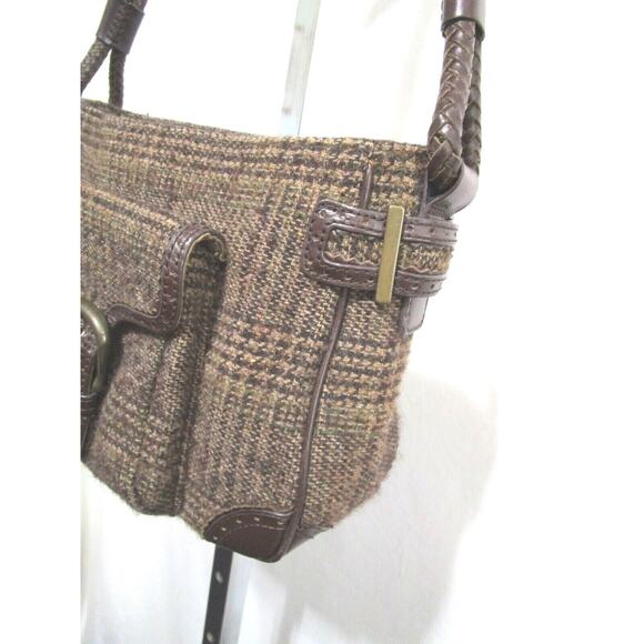 Eddie Bauer Medium Size Brown Plaid Tweed & Leather Shoulder Handbag - Picture 5 of 10